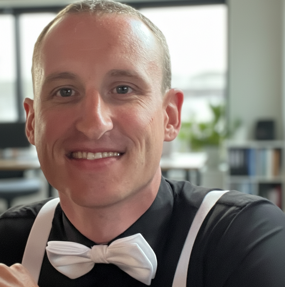 Justin Ellis in a black shirt and white bow tie.