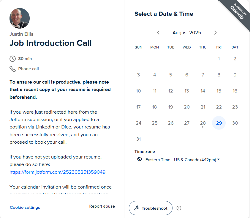 Screenshot of the Calendly booking page